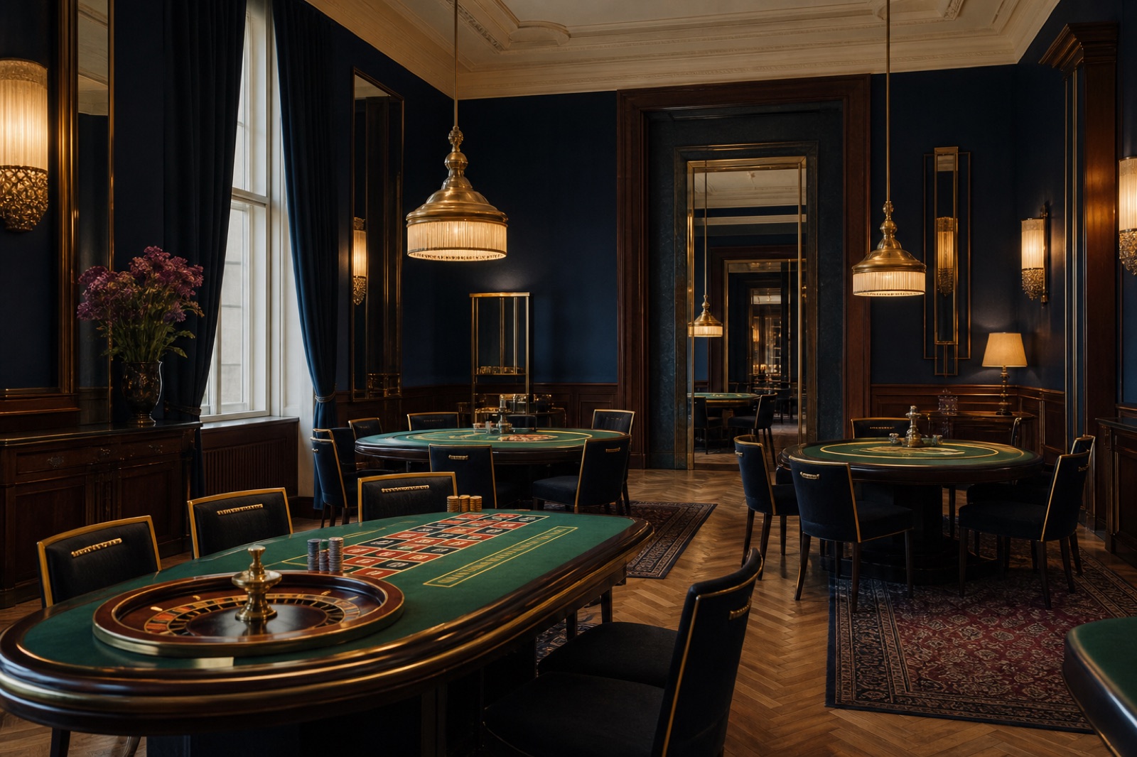 Elegáns, üres budapesti játékterem klasszikus asztalokkal